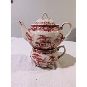 Vintage Red Transferware Tea For One Set Heraldic Crest Lions Cottagecore Teapot